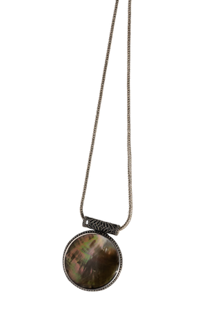 Harlequin Black Mother of Pearl Round Pendant  on Extendable Hand-Woven Foxtail Chain