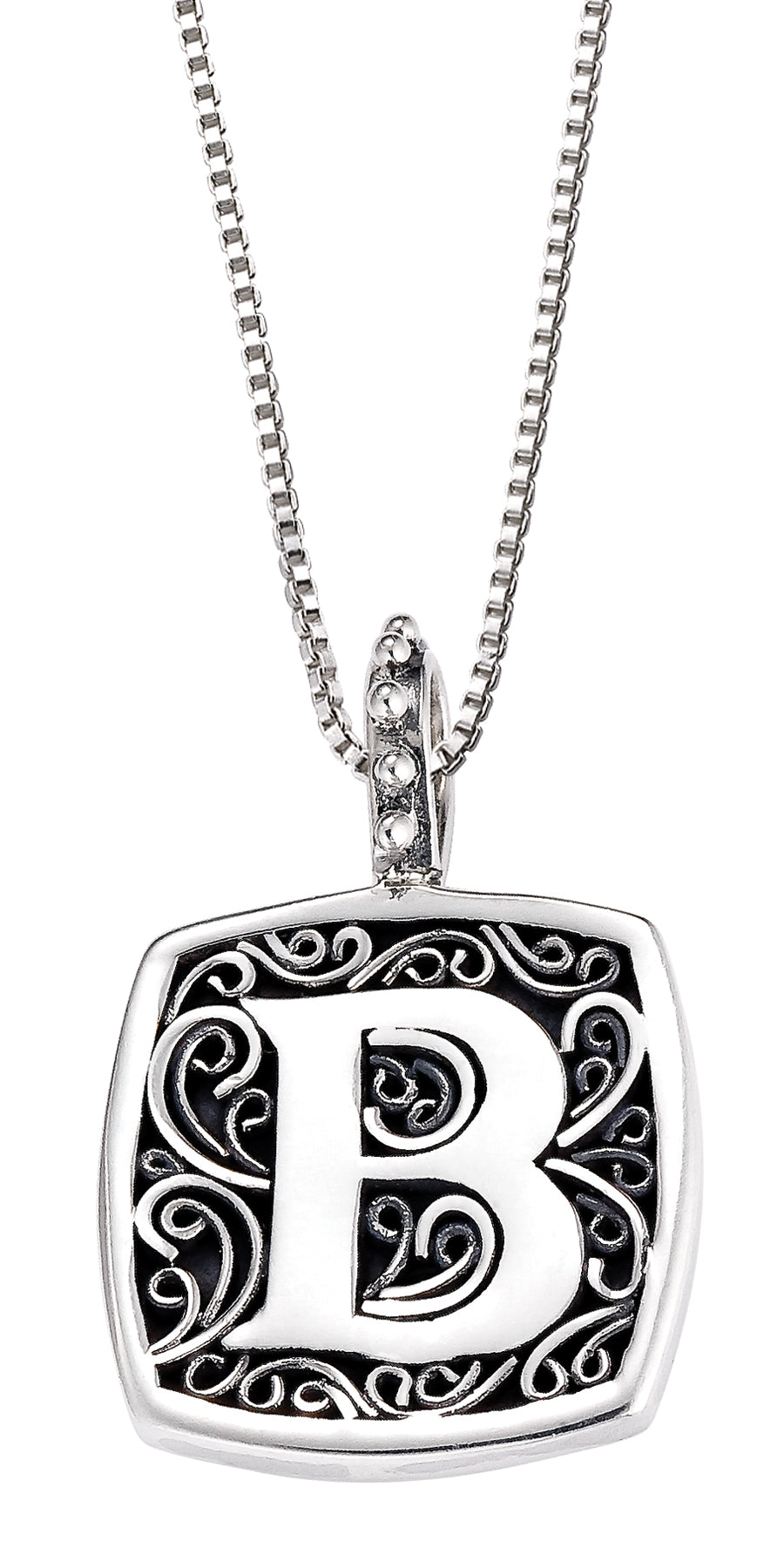 Silver pendant featuring a prominent letter A with intricate filigree swirl details on an oxidized background, suspended from a beaded bail on a box chain