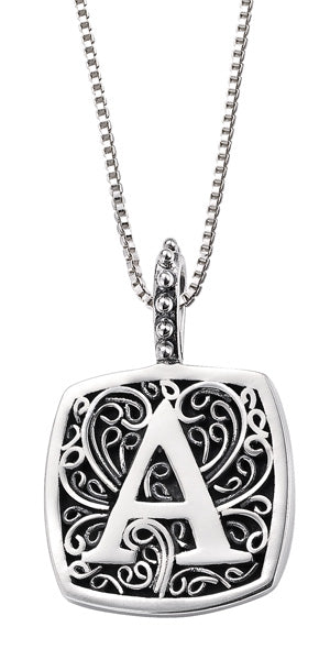 Silver pendant featuring a prominent letter A with intricate filigree swirl details on an oxidized background, suspended from a beaded bail on a box chain