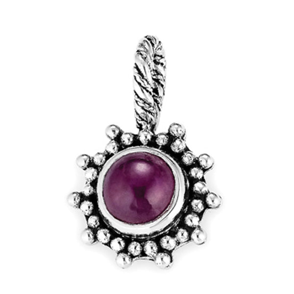 Silver pendant with a deep purple cabochon stone in a sterling silver beaded sunburst frame and twisted bale