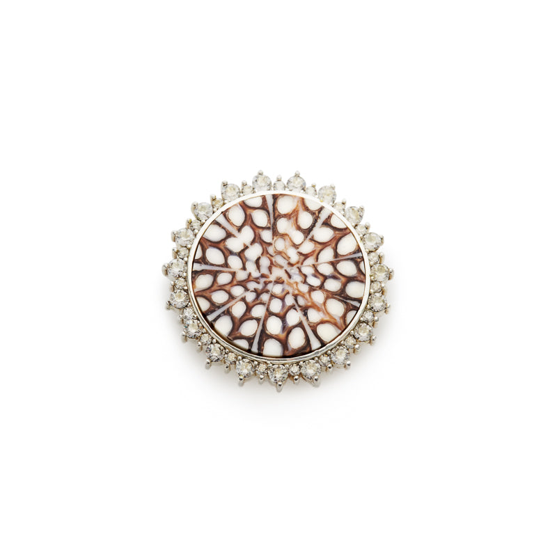 Jewelry a round brooch featuring a central circular polished shell with an intricate brown and white radial cellular pattern surrounded by a halo of brilliant-cut clear gemstones in a silver-toned setting