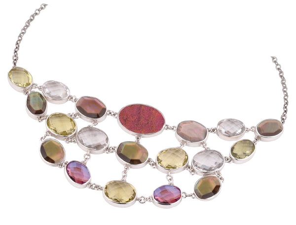 Collier Plaque Fantaisie Argenté Avec Pierres - Il Manque Une Petite Pierre Rose