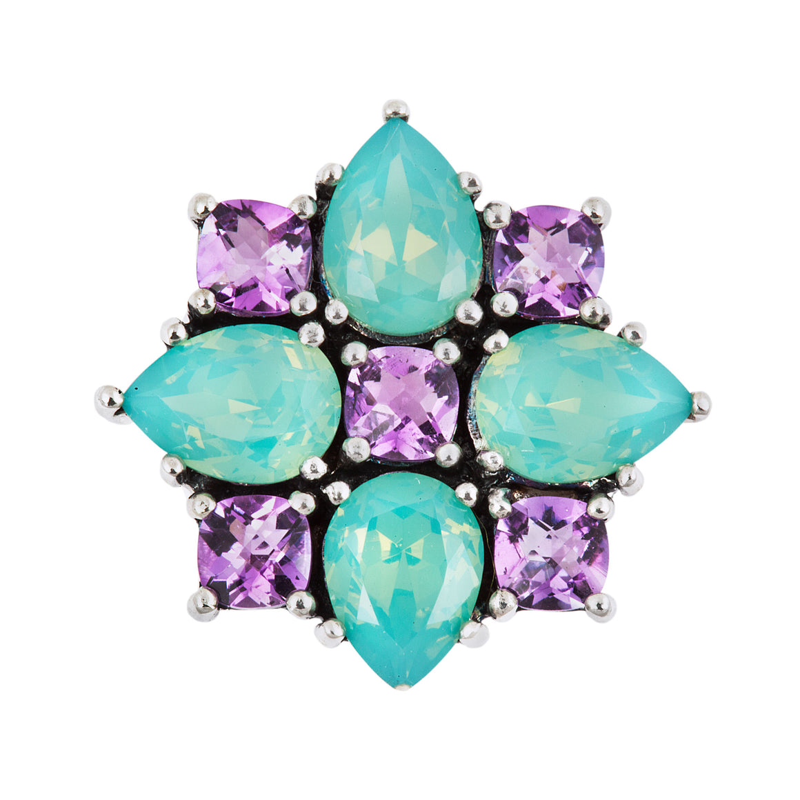 Jewelry piece featuring a symmetrical flower-like design composed of four iridescent teal blue-green teardrop stones alternating with four cushion-cut purple amethyst stones, all set in a silver-toned metal