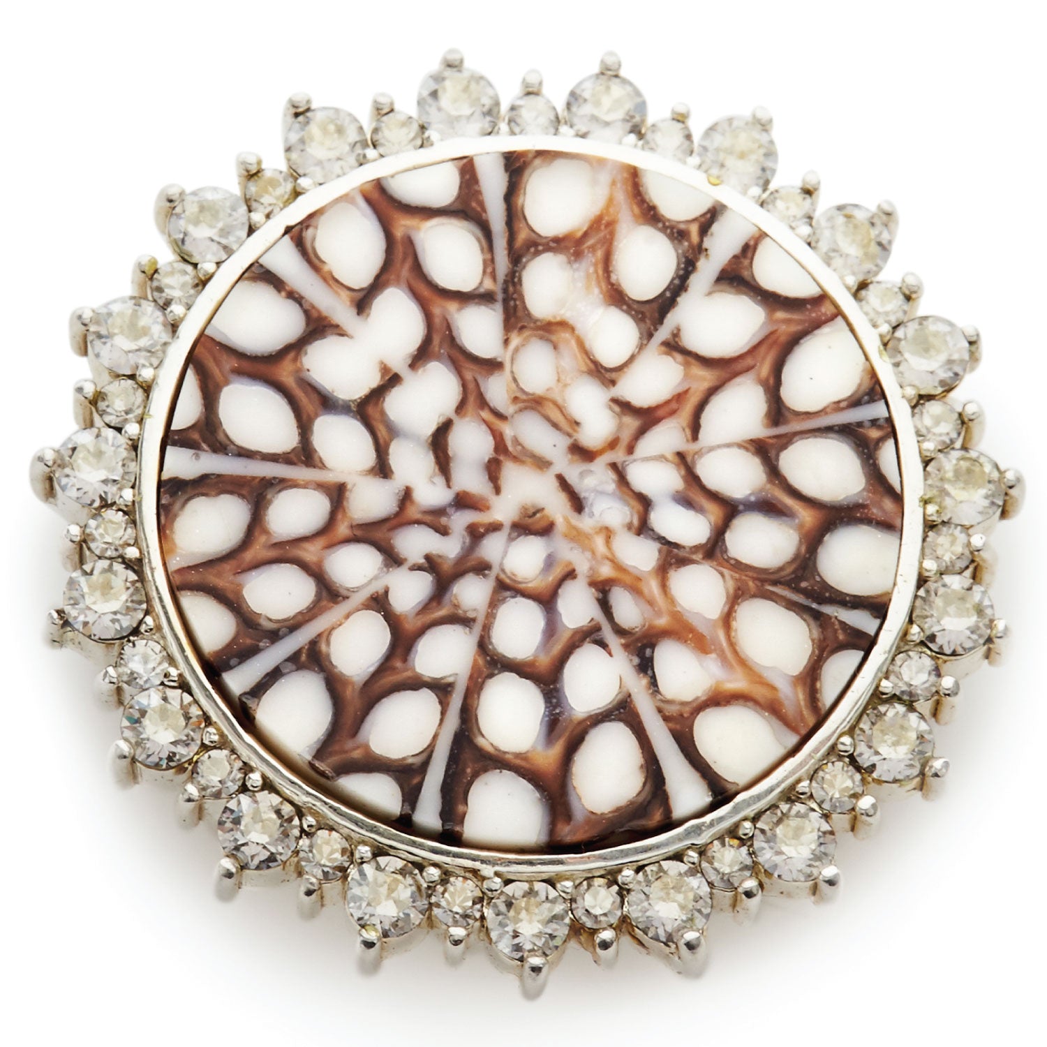 Jewelry a round brooch featuring a central circular polished shell with an intricate brown and white radial cellular pattern surrounded by a halo of brilliant-cut clear gemstones in a silver-toned setting