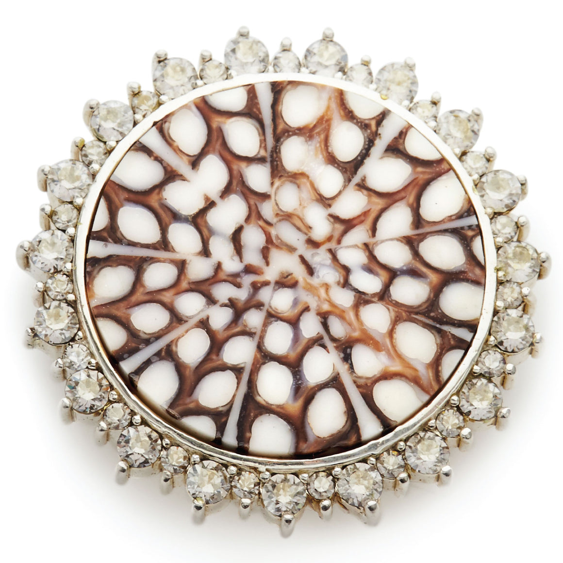 Jewelry a round brooch featuring a central circular polished shell with an intricate brown and white radial cellular pattern surrounded by a halo of brilliant-cut clear gemstones in a silver-toned setting