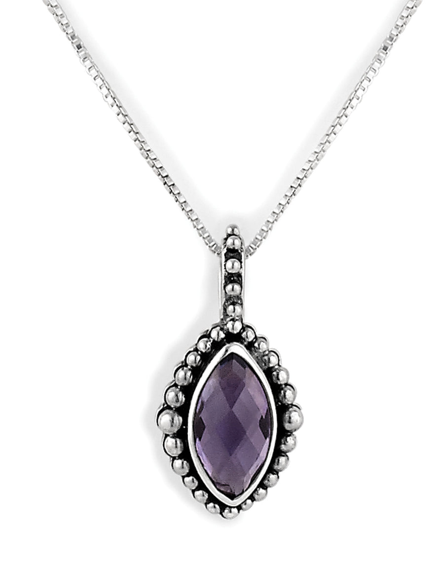 Studio product photo of a sterling silver amethyst pendant necklace featuring a faceted purple marquis gemstone set in a beaded border on a delicate box chain