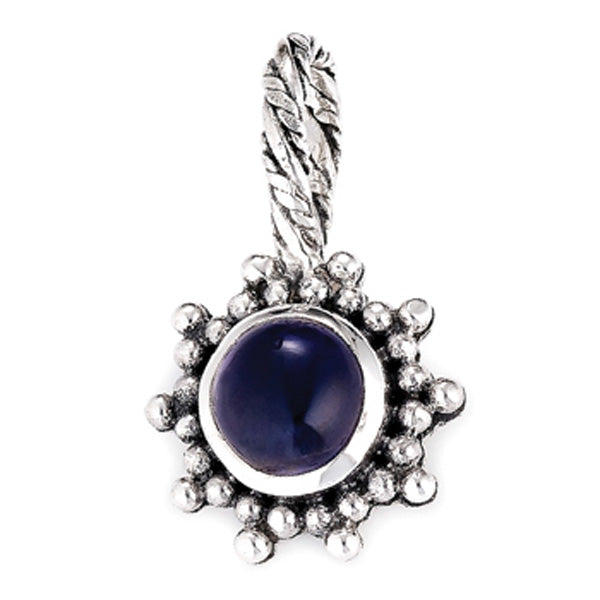 Sterling silver sunburst charm featuring a deep blue cabochon gemstone encircled by a beaded design with a twisted rope bale