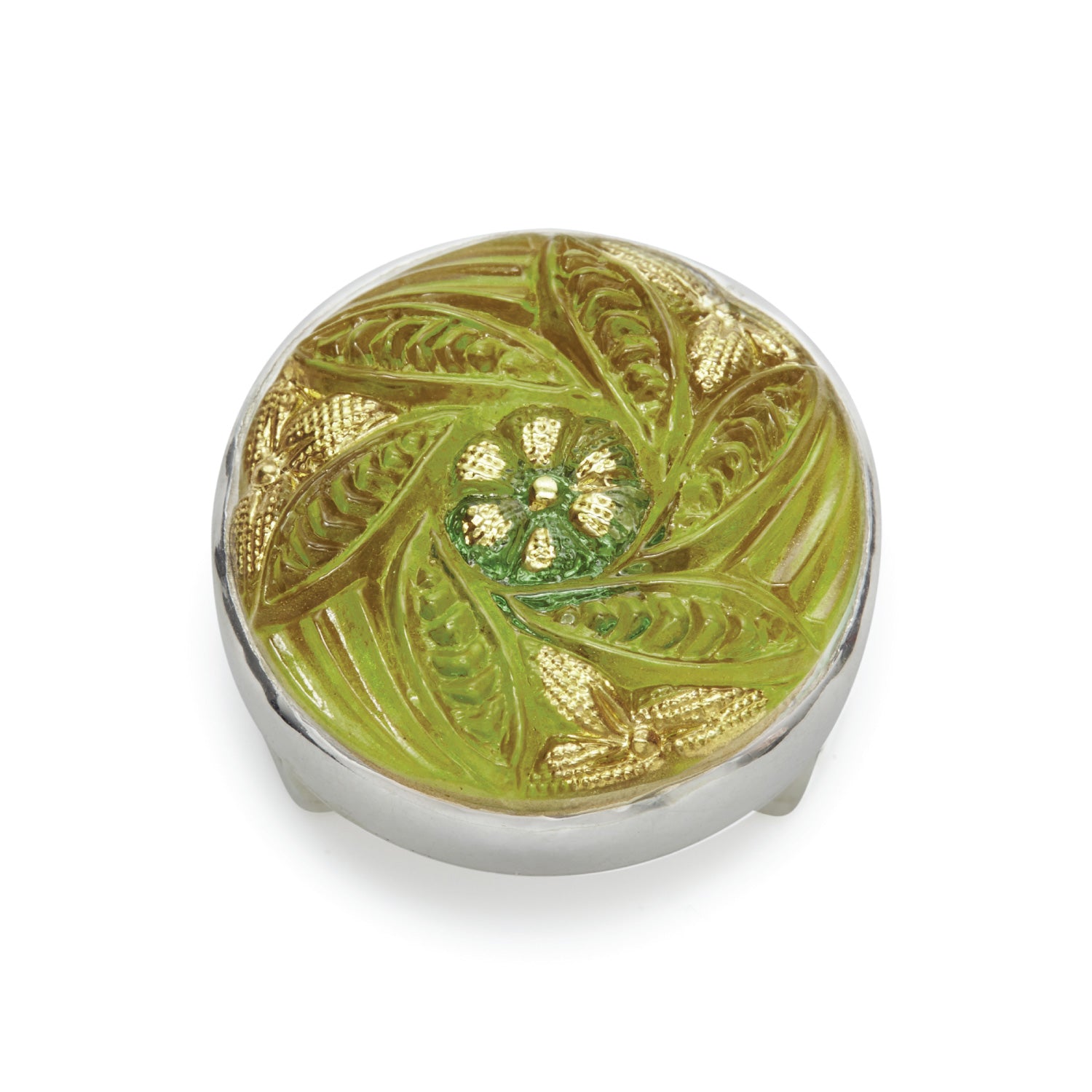 Enamel and metal decorative button with vibrant lime green swirling leaves radiating from a central floral design on a textured gold field and a polished silver rim
