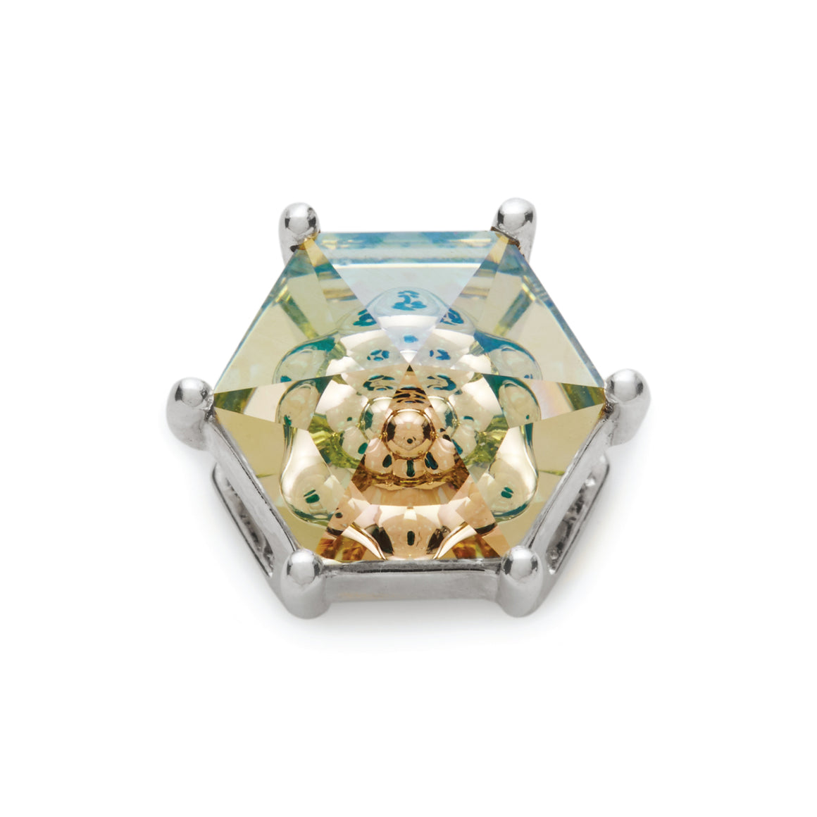 A hexagonal faceted crystal gemstone displaying a blue to yellow color gradient, set in silver metal, with a golden internal kaleidoscope reflection