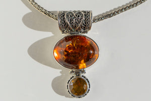Casbah Baltic Amber & Whiskey Citrine pendant on 18-20" handwoven chain