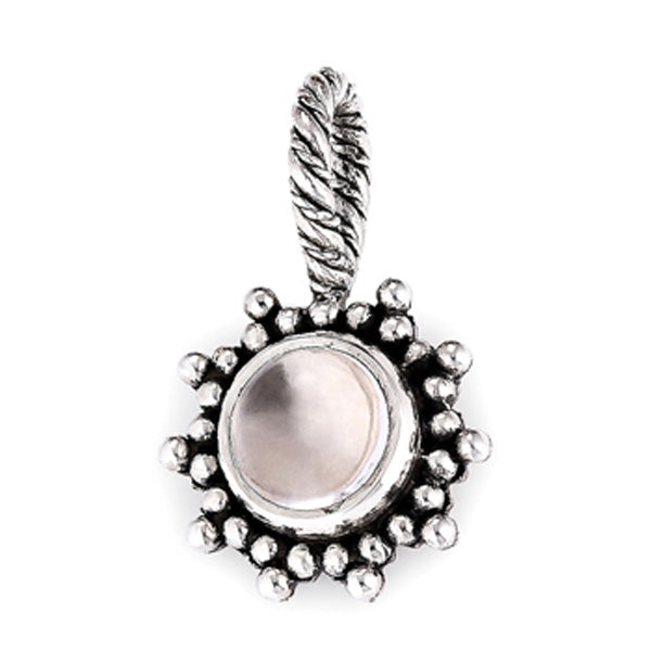 Oxidized sterling silver charm featuring a central iridescent pink moonstone cabochon encircled by a beaded sunburst halo and topped with a twisted rope bail