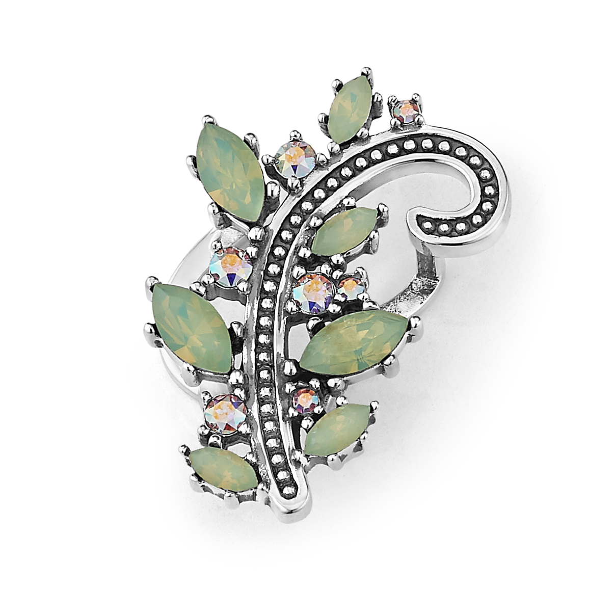 Silver-toned ornate jewelry piece with a dotted scroll design featuring marquise pale green opalescent stones and small round iridescent crystals on a white background