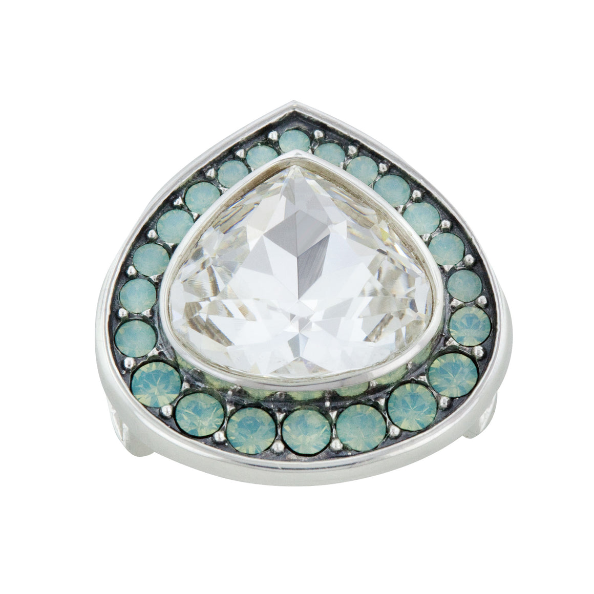 Product photography of a silver-toned tear-drop shaped jewelry snap with a large central clear faceted crystal surrounded by smaller round light blue opal-like crystals