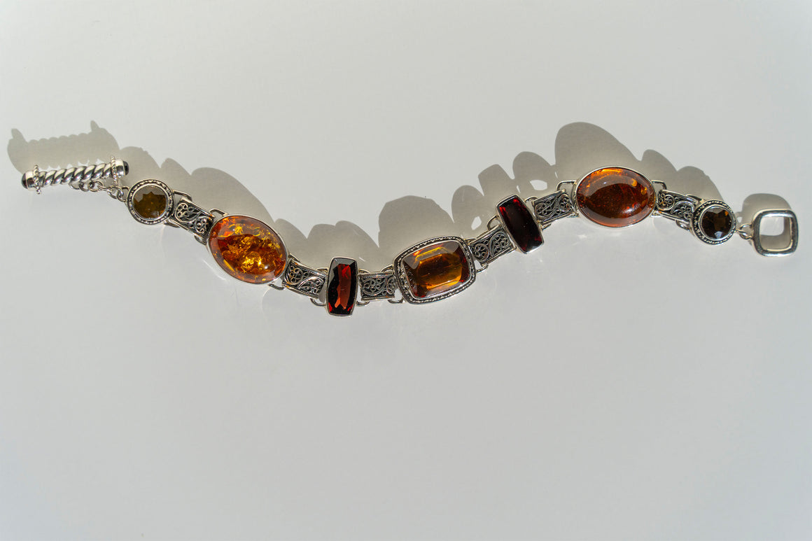 Casbah multi-stone link bracelet in Baltic Amber, Garnet & Whiskey Citrine